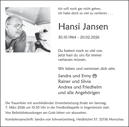 Traueranzeige von Hansi Jansen von WochenSpiegel