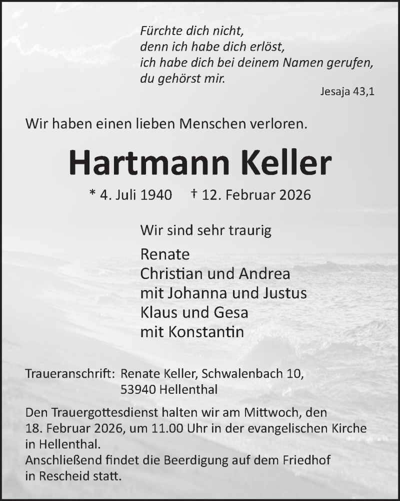  Traueranzeige für Hartmann Keller vom 18.02.2026 aus WochenSpiegel