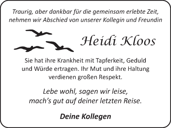 Traueranzeige von Heidi Kloos von WochenSpiegel