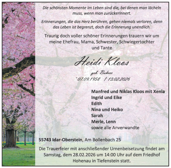 Traueranzeige von Heidi Kloos von WochenSpiegel