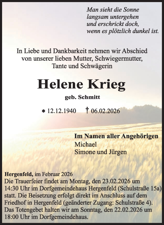Traueranzeige von Helene Krieg von WochenSpiegel