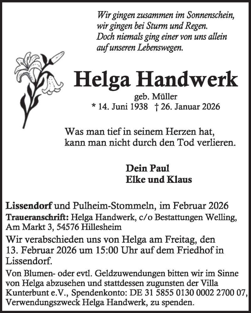  Traueranzeige für Helga Handwerk vom 07.02.2026 aus WochenSpiegel