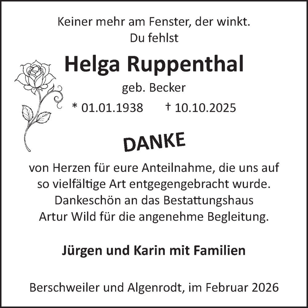  Traueranzeige für Helga Ruppenthal vom 07.02.2026 aus WochenSpiegel