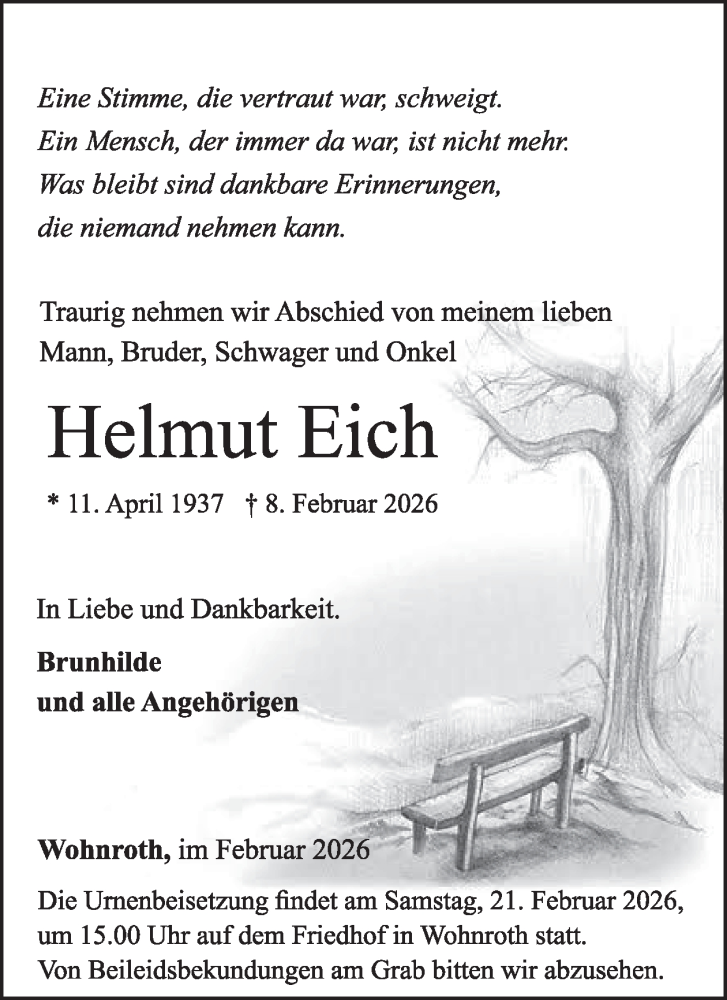  Traueranzeige für Helmut Eich vom 14.02.2026 aus WochenSpiegel