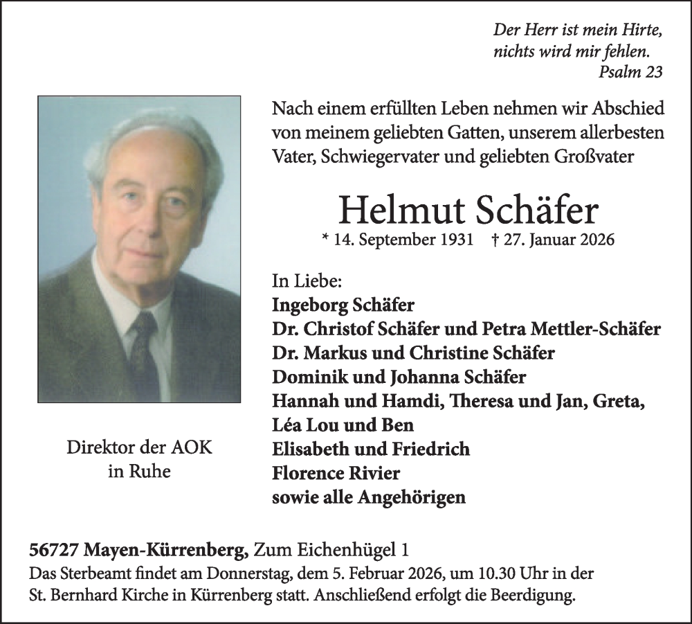  Traueranzeige für Helmut Schäfer vom 04.02.2026 aus WochenSpiegel