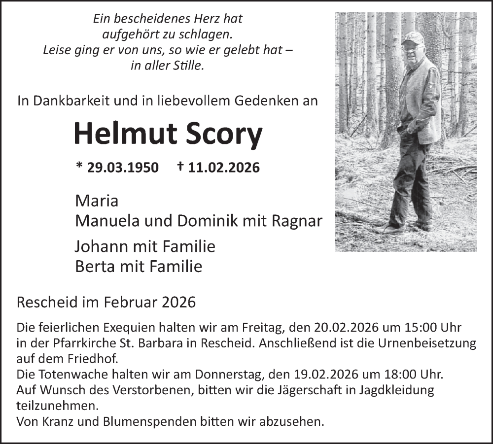  Traueranzeige für Helmut Scory vom 18.02.2026 aus WochenSpiegel