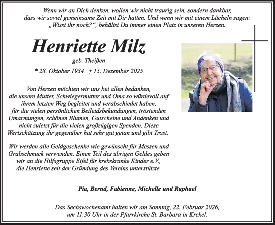 Traueranzeige von Henriette Milz von WochenSpiegel