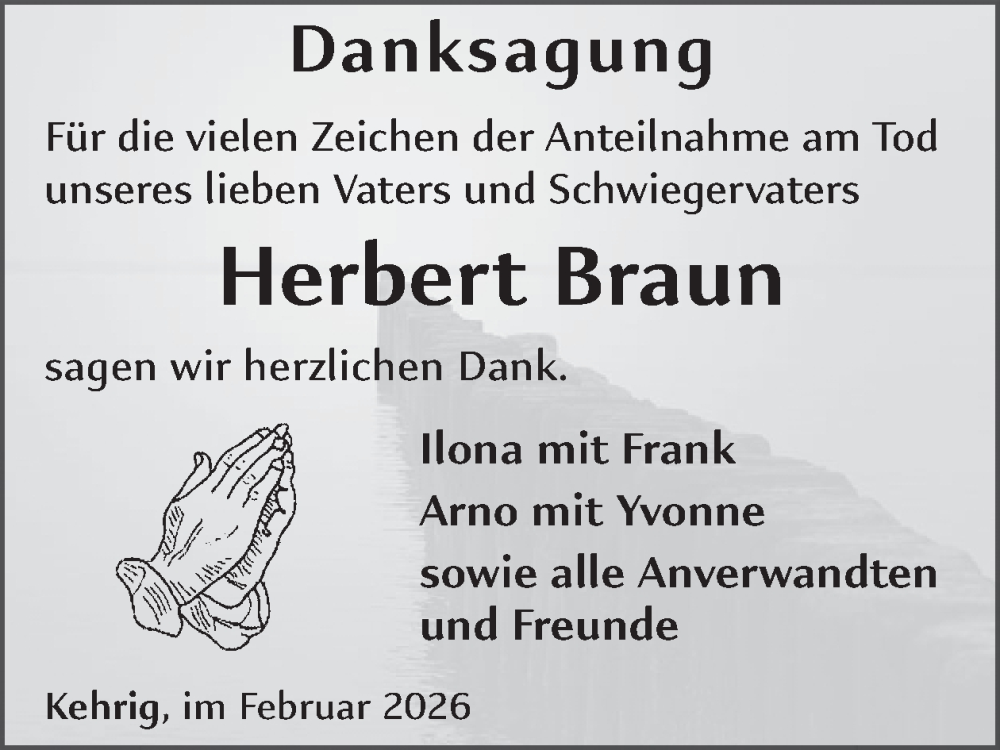  Traueranzeige für Herbert Braun vom 04.02.2026 aus WochenSpiegel