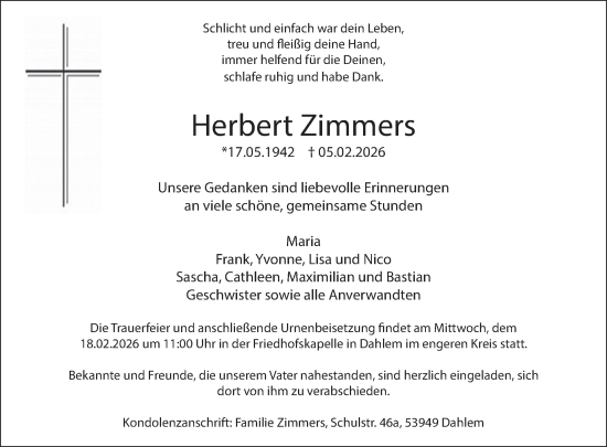 Traueranzeige von Herbert Zimmers von WochenSpiegel