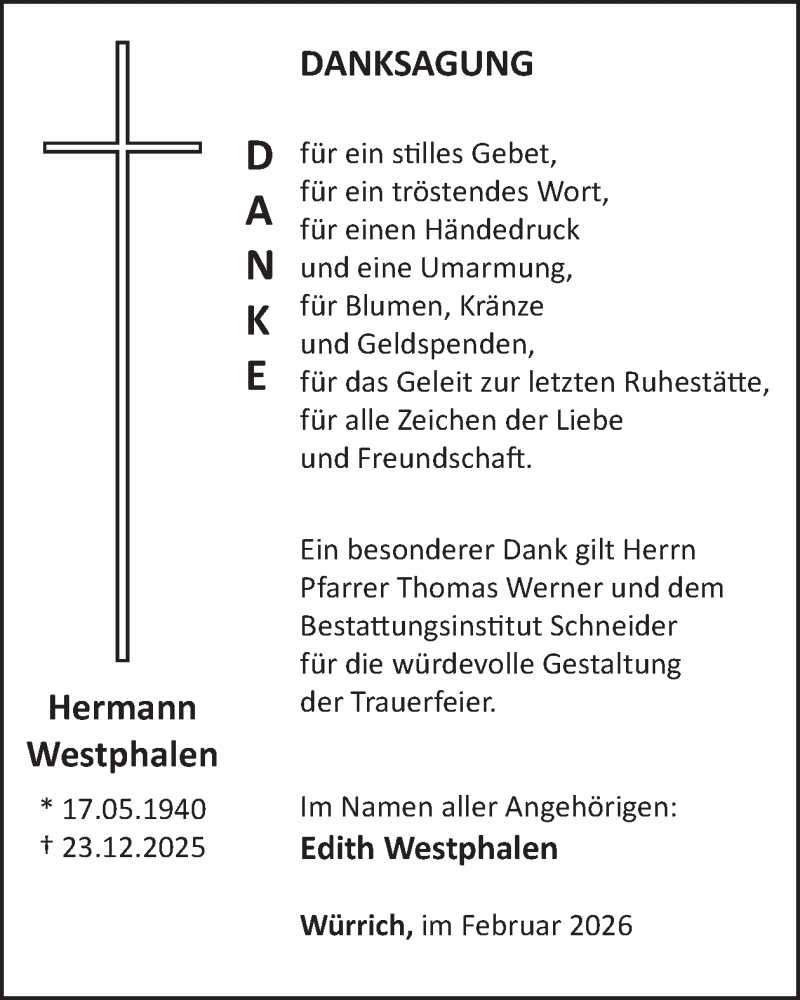  Traueranzeige für Hermann Westphalen vom 07.02.2026 aus WochenSpiegel