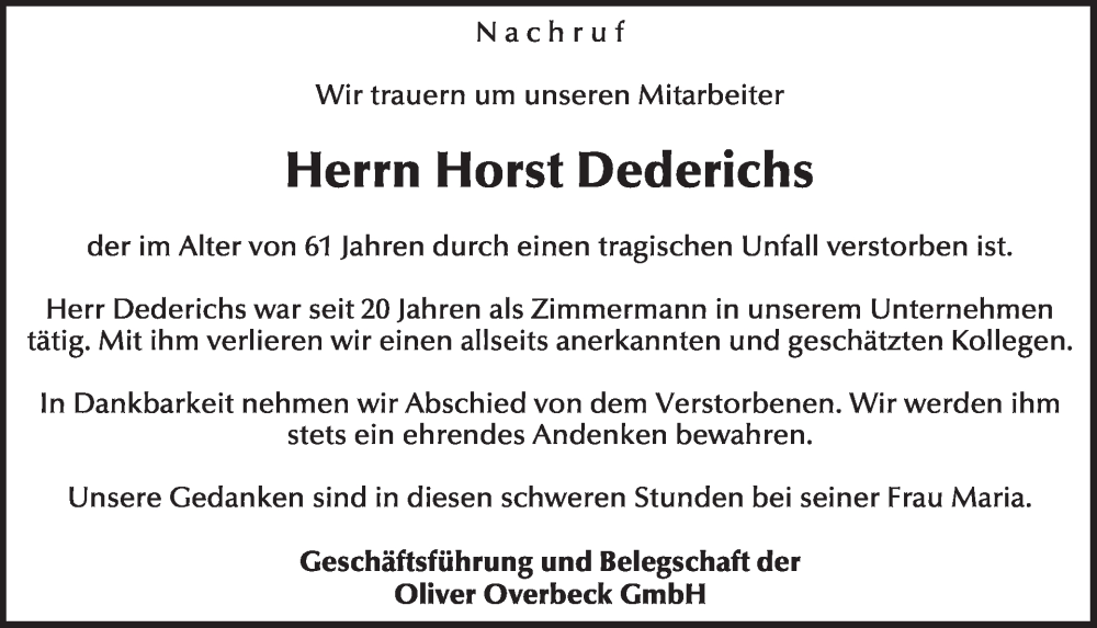 Traueranzeige für Horst Dederichs vom 06.02.2026 aus WochenSpiegel