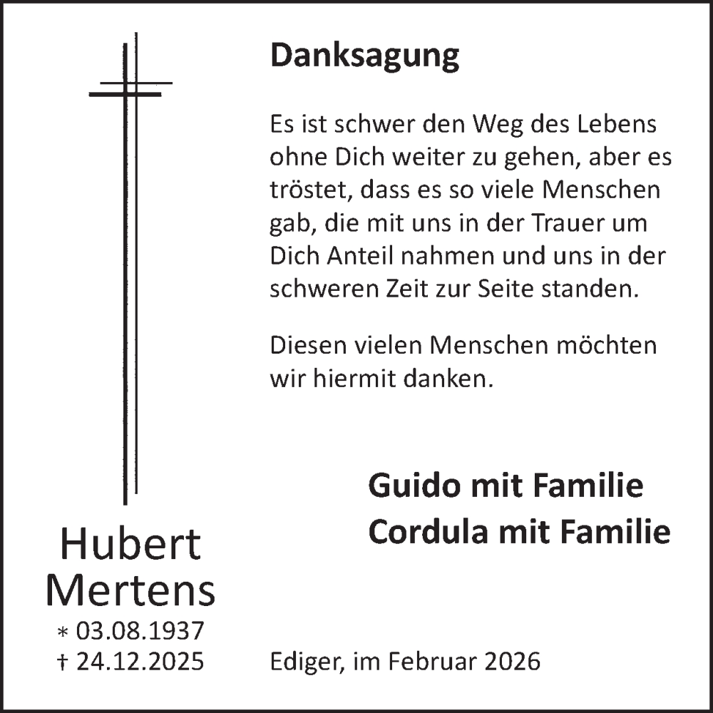  Traueranzeige für Hubert Mertens vom 04.02.2026 aus WochenSpiegel
