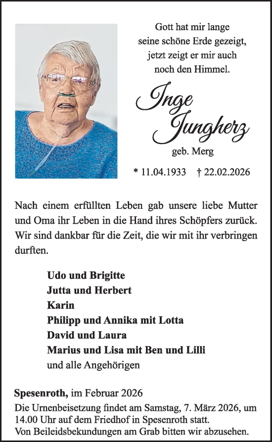 Traueranzeige von Inge Jungherz von WochenSpiegel