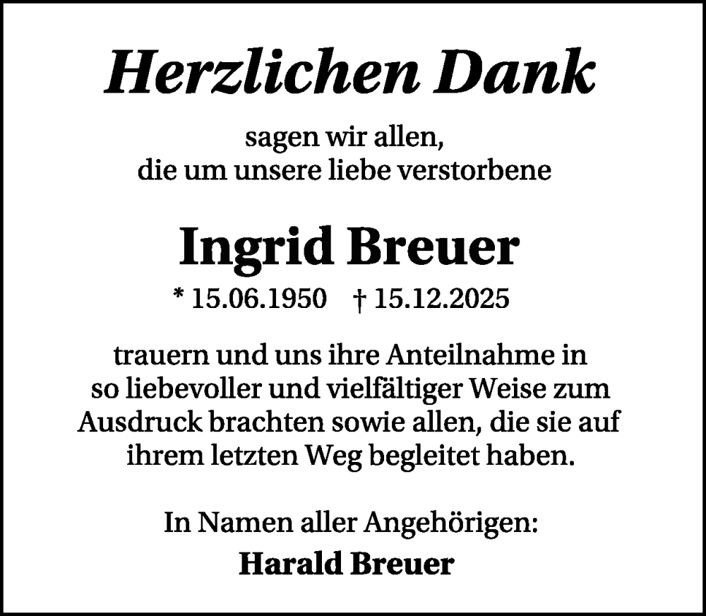  Traueranzeige für Ingrid Breuer vom 07.02.2026 aus WochenSpiegel