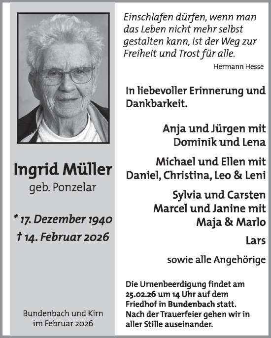 Traueranzeige von Ingrid Müller von WochenSpiegel
