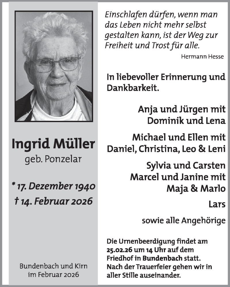  Traueranzeige für Ingrid Müller vom 21.02.2026 aus WochenSpiegel