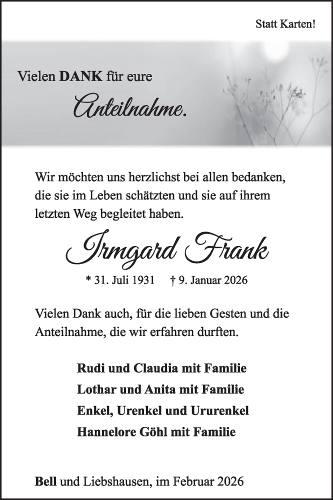  Traueranzeige für Irmgard Frank vom 07.02.2026 aus WochenSpiegel