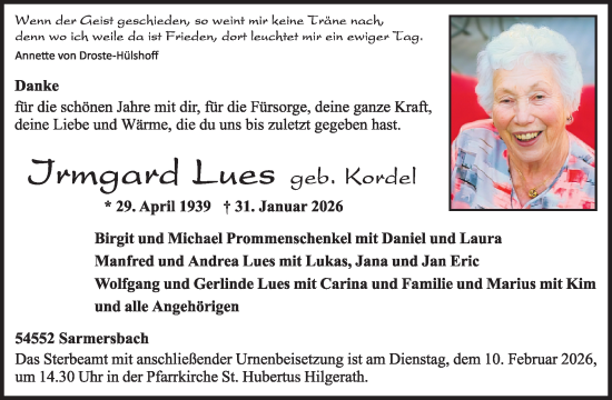 Traueranzeige von Irmgard Lues von WochenSpiegel