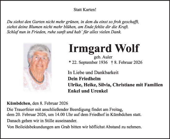 Traueranzeige von Irmgard Wolf von WochenSpiegel