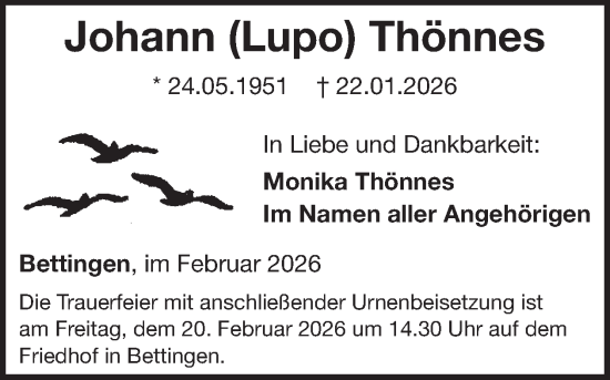 Traueranzeige von Johann Thönnes von WochenSpiegel
