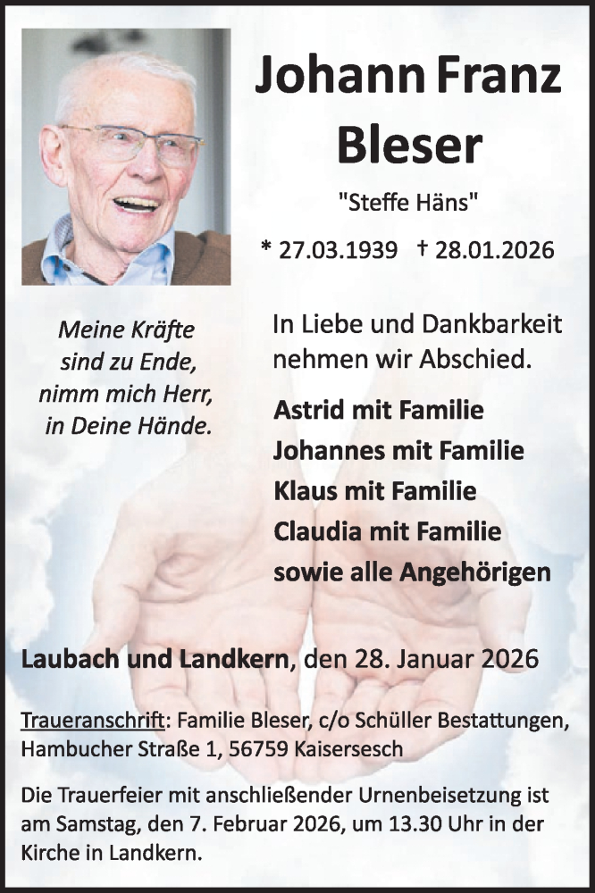  Traueranzeige für Johann Franz Bleser vom 04.02.2026 aus WochenSpiegel
