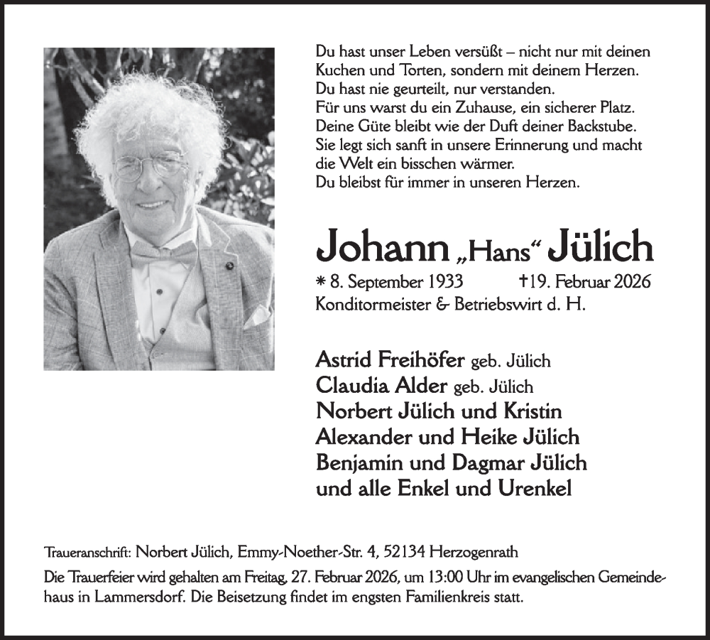  Traueranzeige für Johann Hans Jülich vom 25.02.2026 aus WochenSpiegel