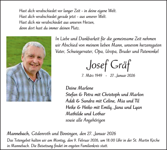 Traueranzeige von Josef Gräf von WochenSpiegel