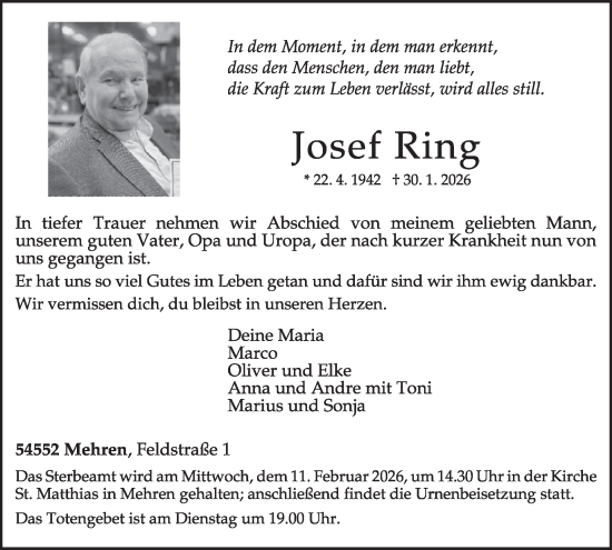 Traueranzeige von Josef Ring von WochenSpiegel