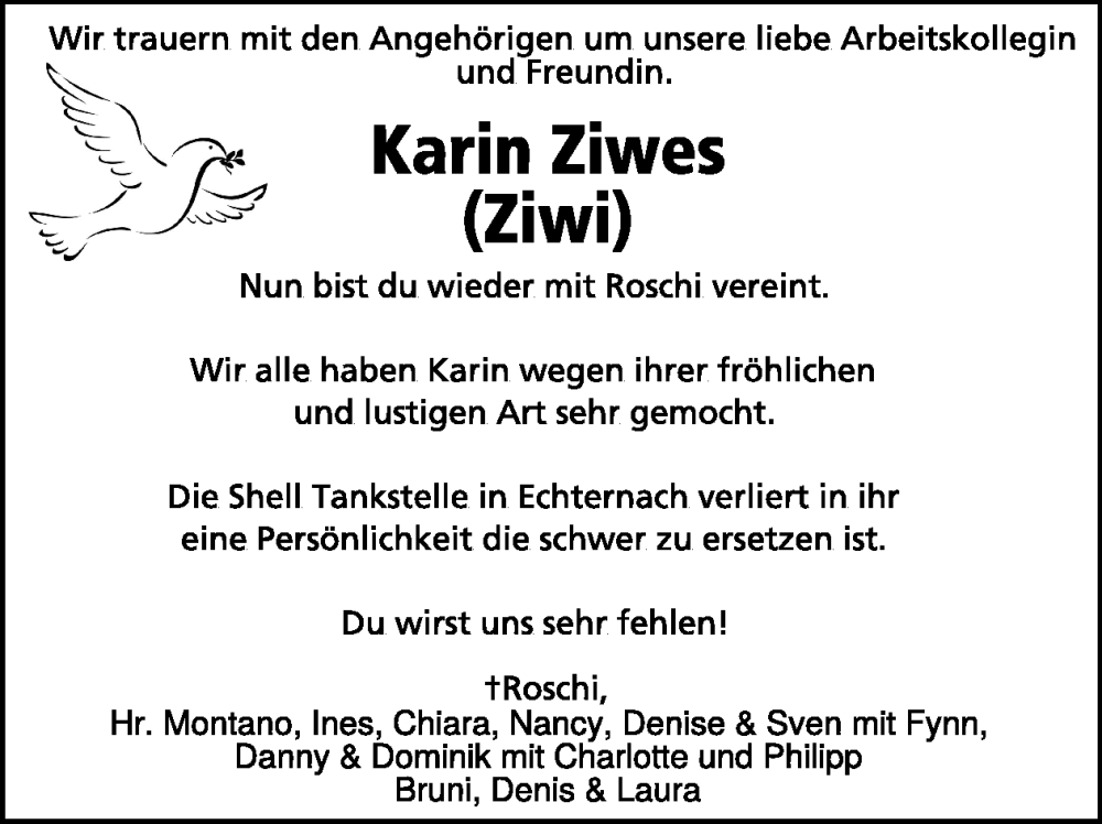  Traueranzeige für Karin Ziwes vom 06.02.2026 aus WochenSpiegel