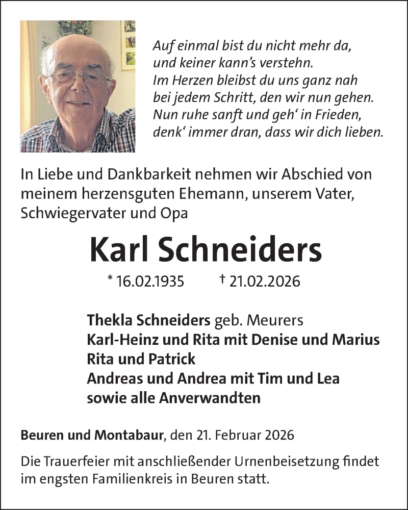  Traueranzeige für Karl Schneiders vom 25.02.2026 aus WochenSpiegel