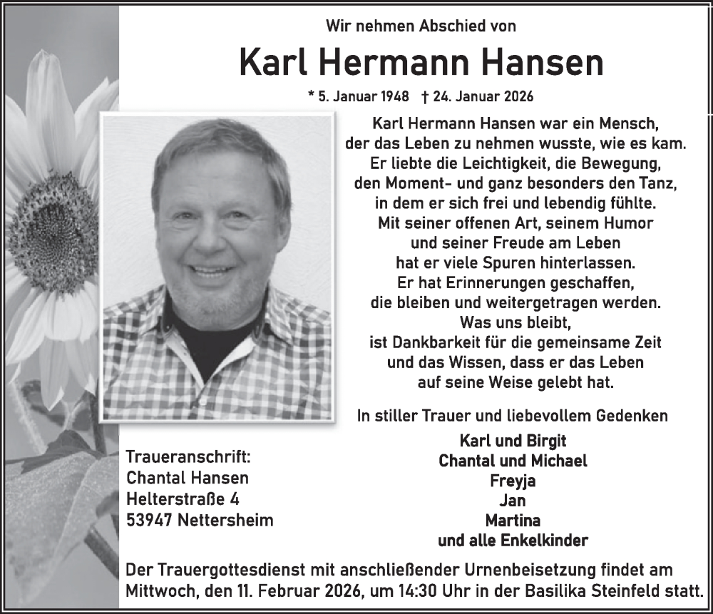  Traueranzeige für Karl Hermann Hansen vom 04.02.2026 aus WochenSpiegel