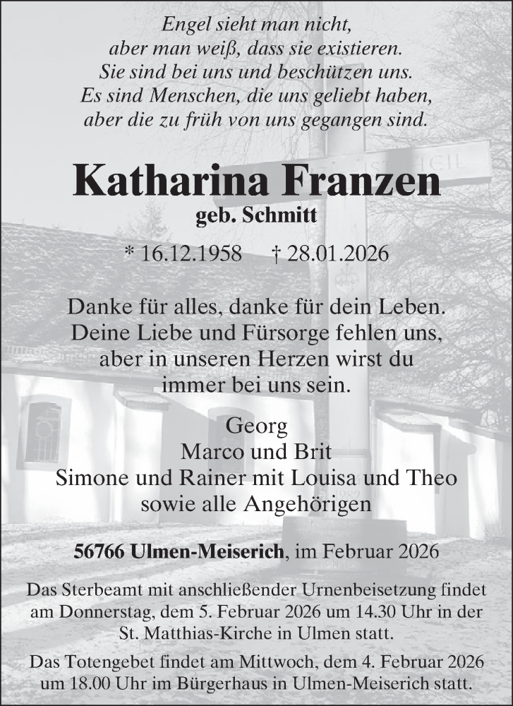 Traueranzeige für Katharina Franzen vom 04.02.2026 aus WochenSpiegel