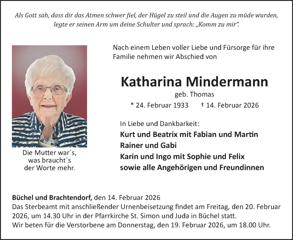  Traueranzeige für Katharina Mindermann vom 18.02.2026 aus WochenSpiegel