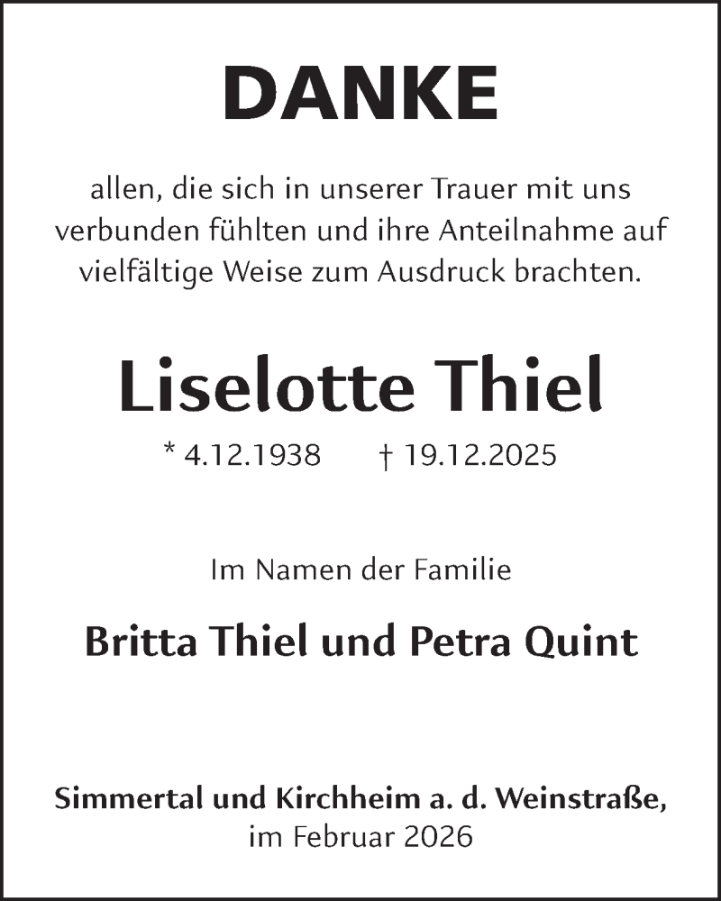  Traueranzeige für Liselotte Thiel vom 07.02.2026 aus WochenSpiegel