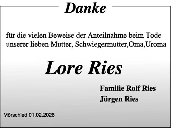 Traueranzeige von Lore Ries von WochenSpiegel