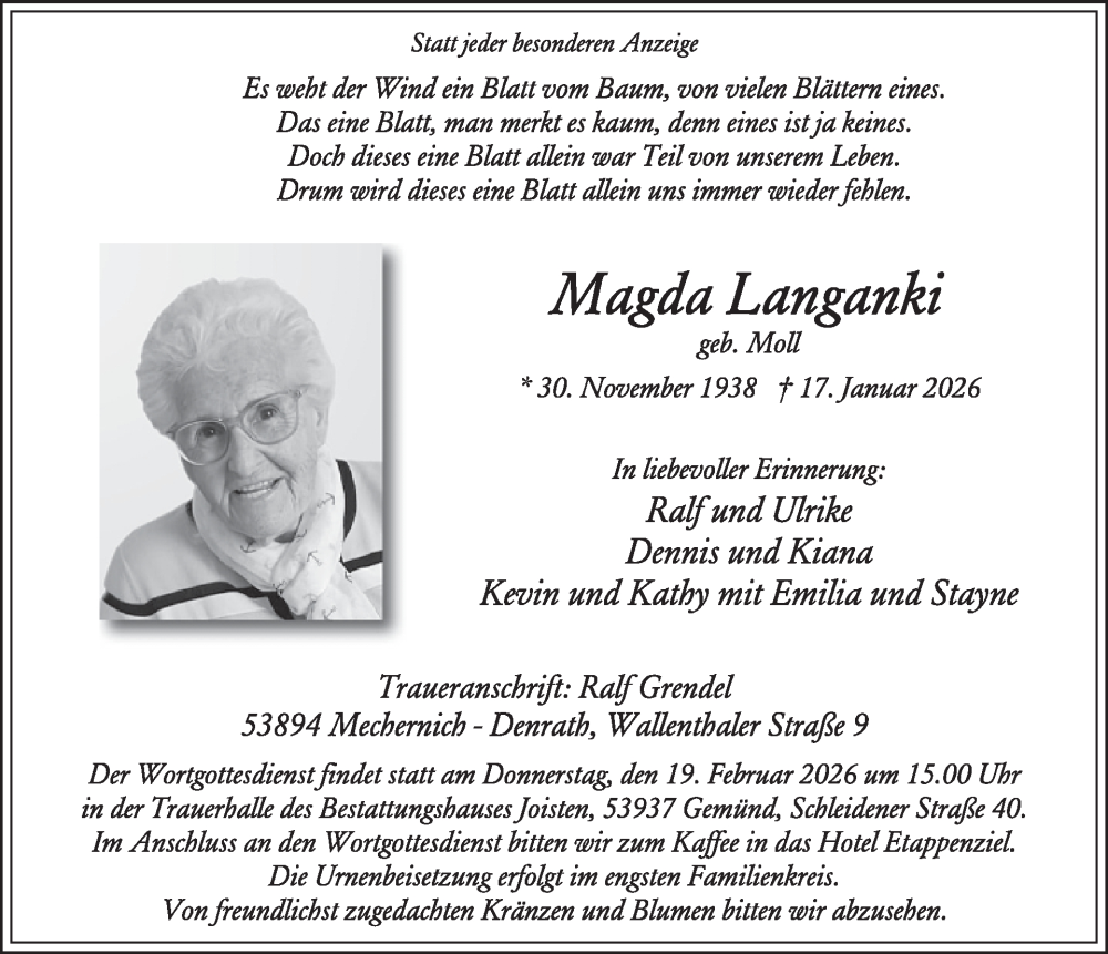  Traueranzeige für Magda Langanki vom 04.02.2026 aus WochenSpiegel