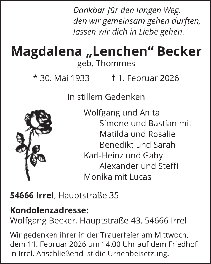  Traueranzeige für Magdalena Becker vom 06.02.2026 aus WochenSpiegel