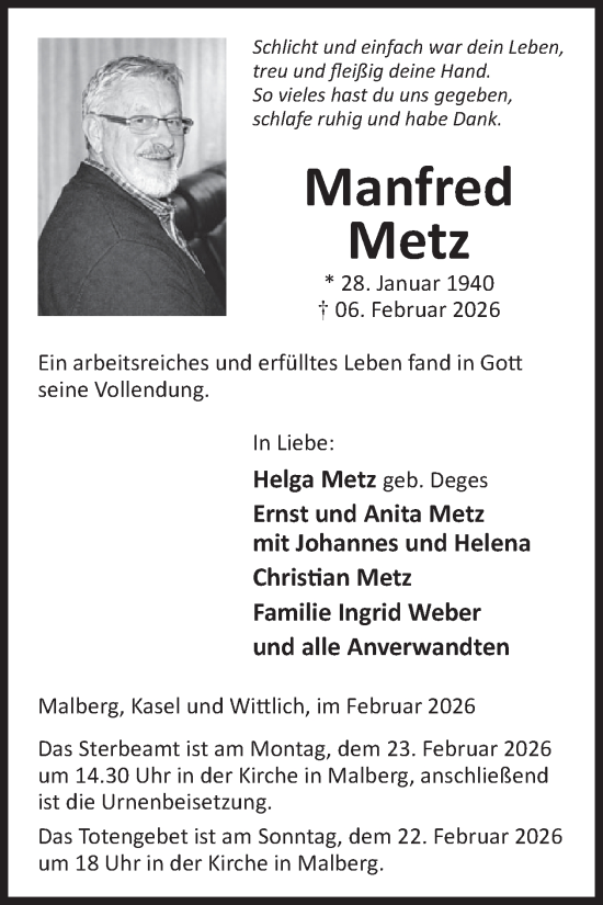 Traueranzeige von Manfred Metz von WochenSpiegel
