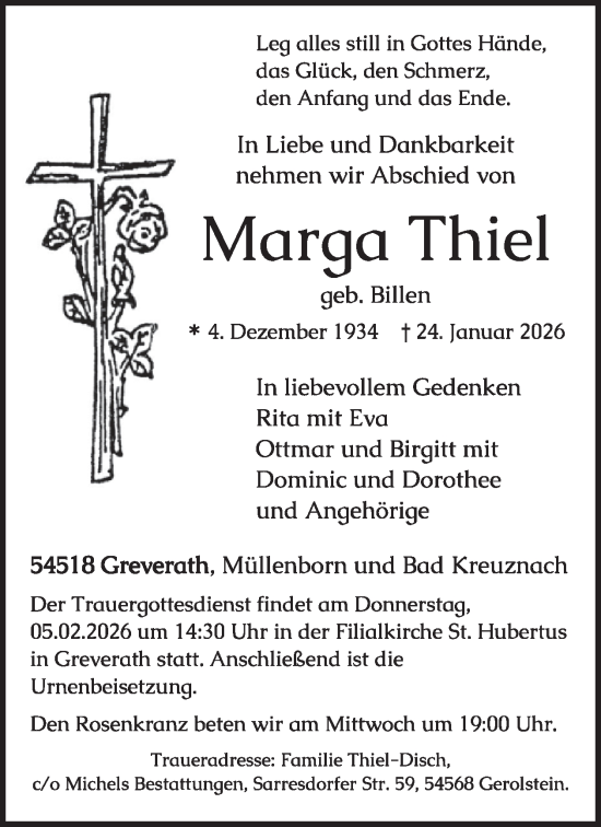 Traueranzeige von Marga Thiel von WochenSpiegel