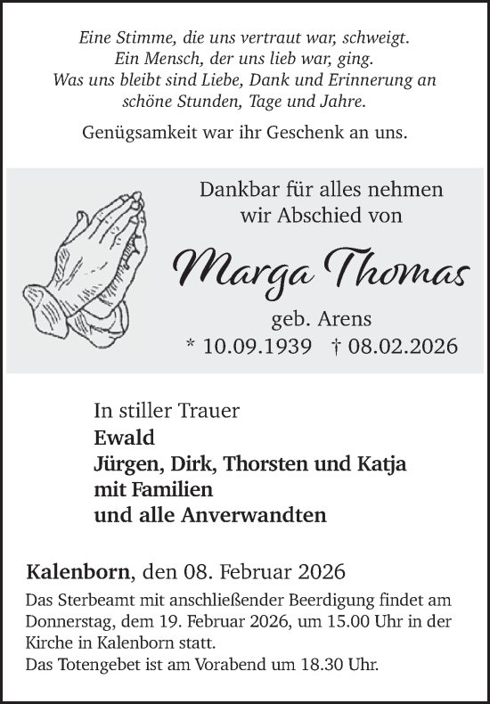 Traueranzeige von Marga Thomas von WochenSpiegel