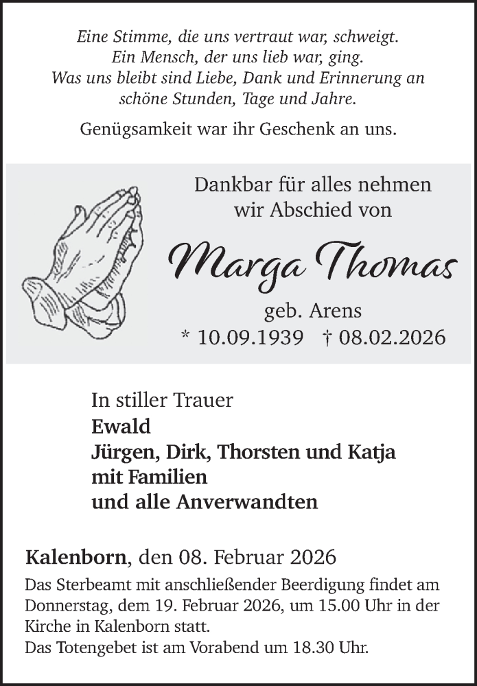  Traueranzeige für Marga Thomas vom 11.02.2026 aus WochenSpiegel