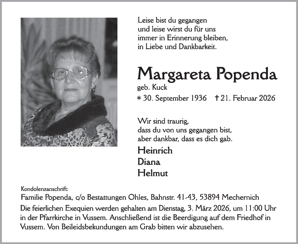  Traueranzeige für Margareta Popenda vom 25.02.2026 aus WochenSpiegel