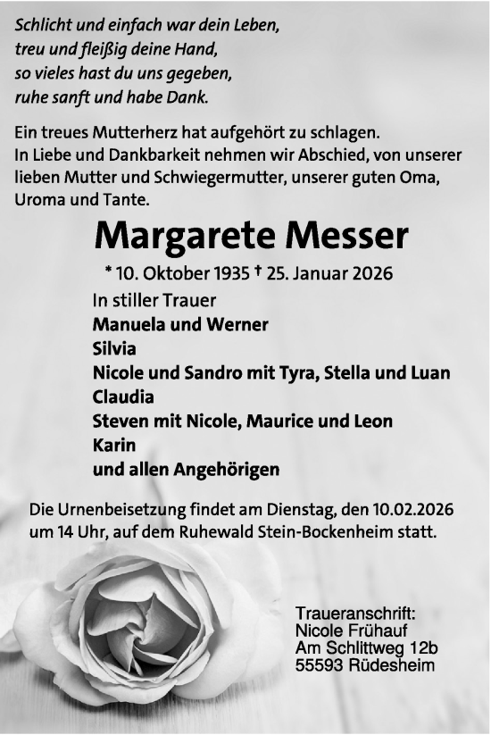 Traueranzeige von Margarete Messer von WochenSpiegel