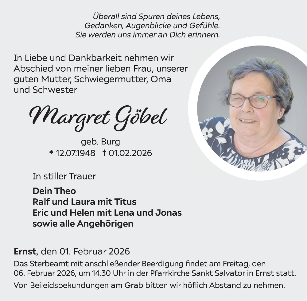  Traueranzeige für Margret Göbel vom 04.02.2026 aus WochenSpiegel
