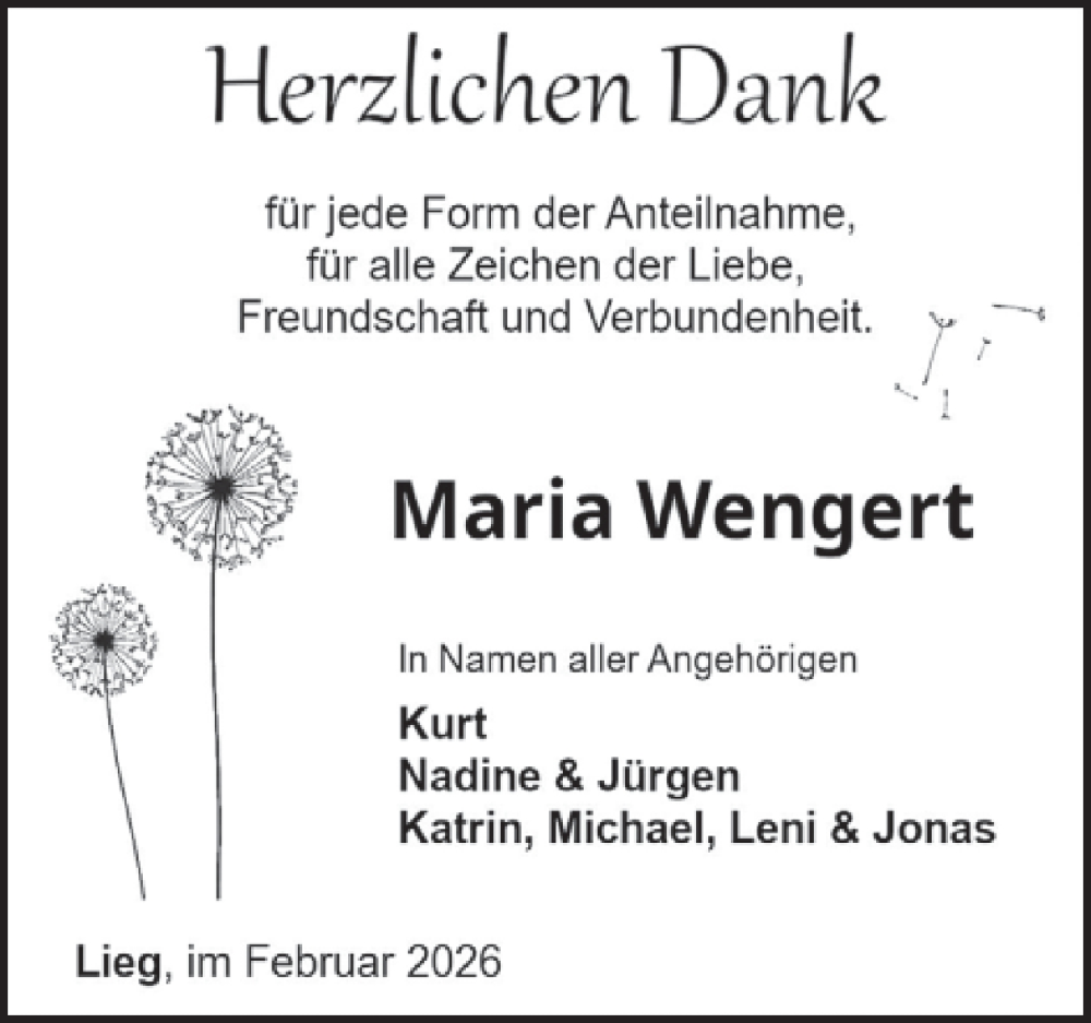  Traueranzeige für Maria Wengert vom 11.02.2026 aus WochenSpiegel