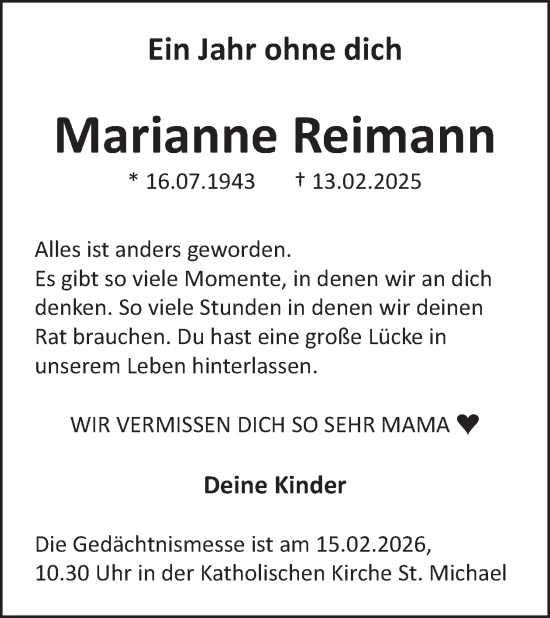 Traueranzeige von Marianne Reimann von WochenSpiegel