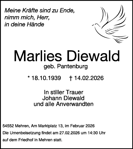 Traueranzeige von Marlies Diewald von WochenSpiegel