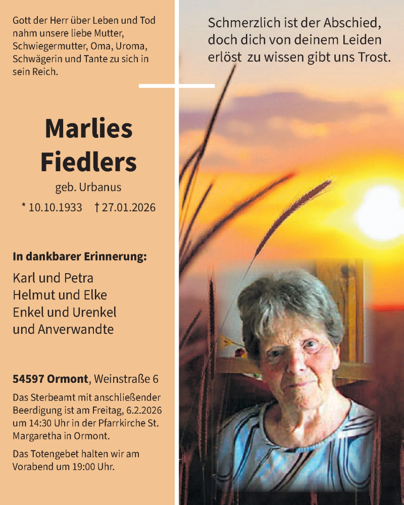  Traueranzeige für Marlies Fiedlers vom 07.02.2026 aus WochenSpiegel