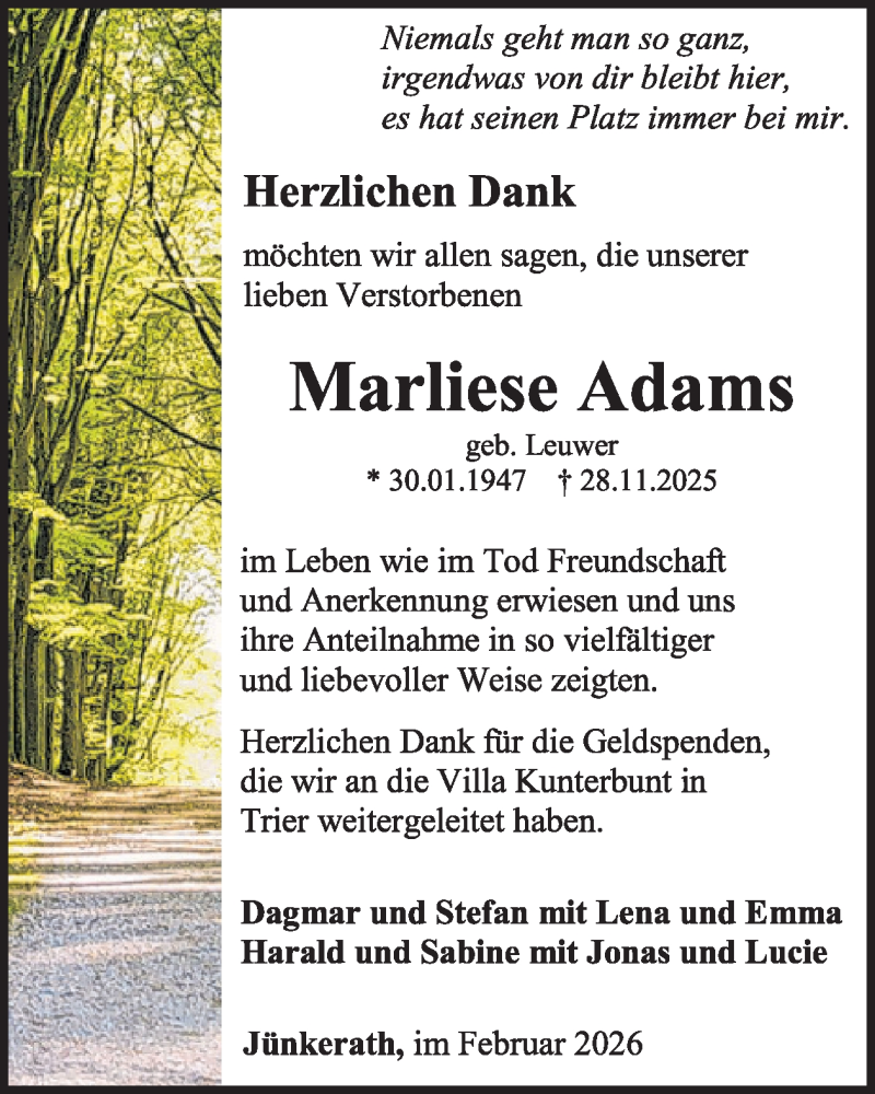  Traueranzeige für Marliese Adams vom 13.02.2026 aus WochenSpiegel
