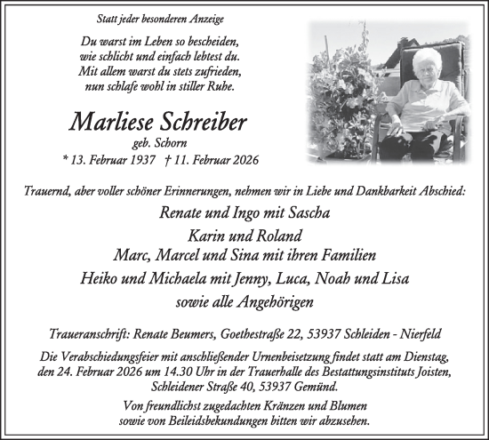 Traueranzeige von Marliese Schreiber von WochenSpiegel